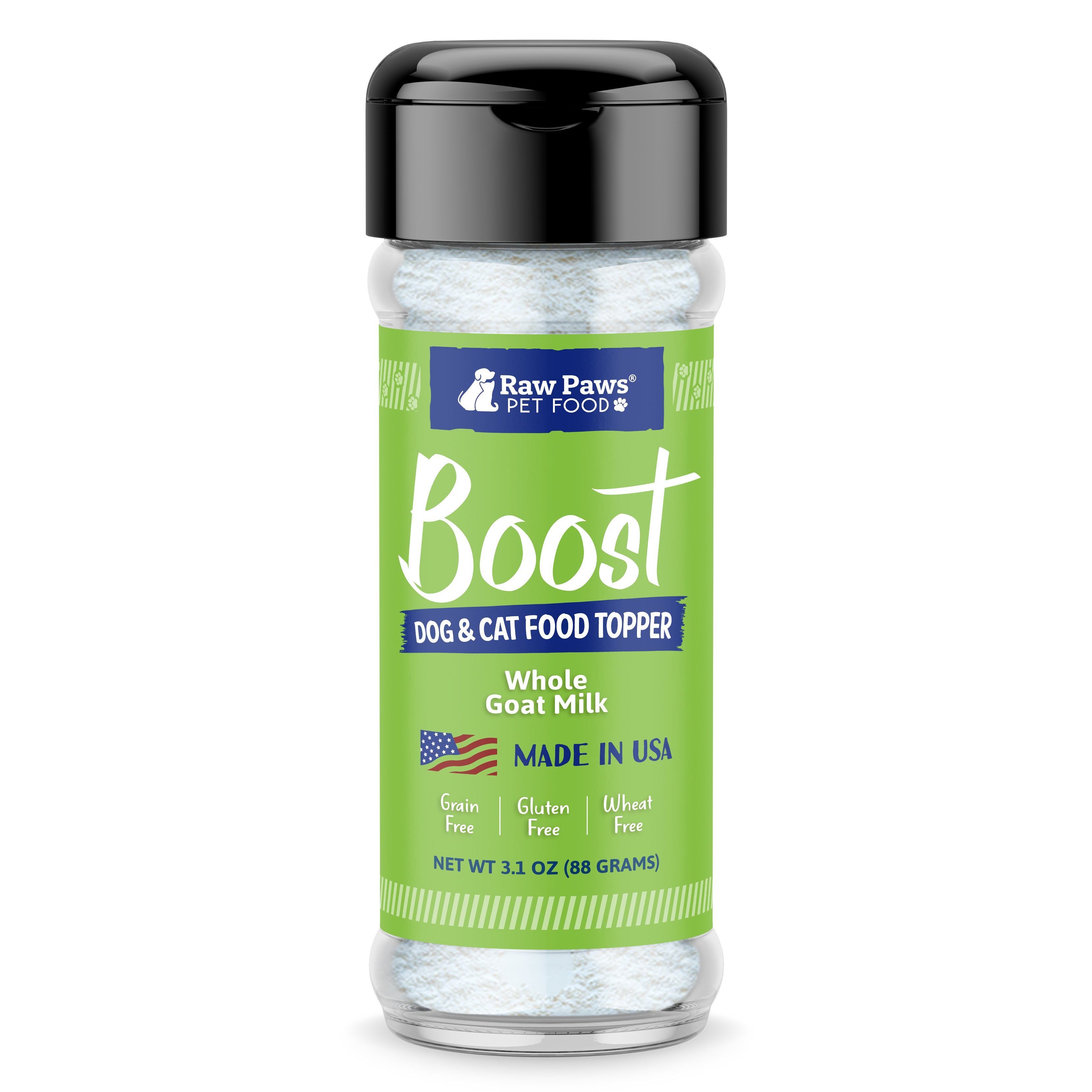 Raw Paws Boost whole goat milk topper shaker jar for dogs and cats