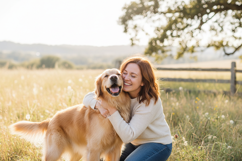 happy dog with woman